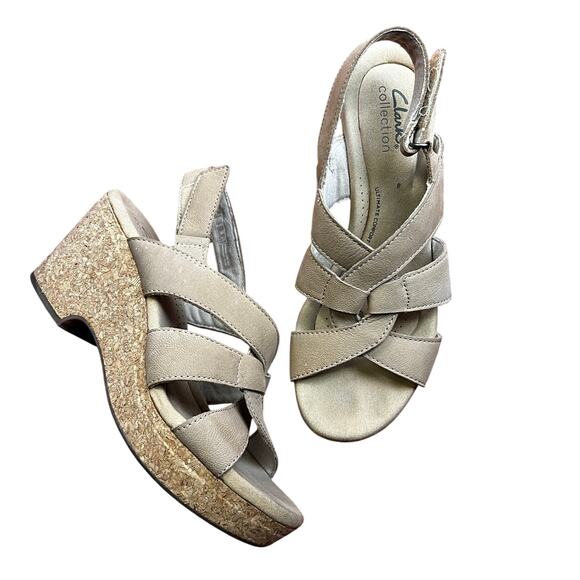 Clarks Giselle Sandal Women's Size US 8M Sand Nubuck Cork Platform EUC - Picture 1 of 10